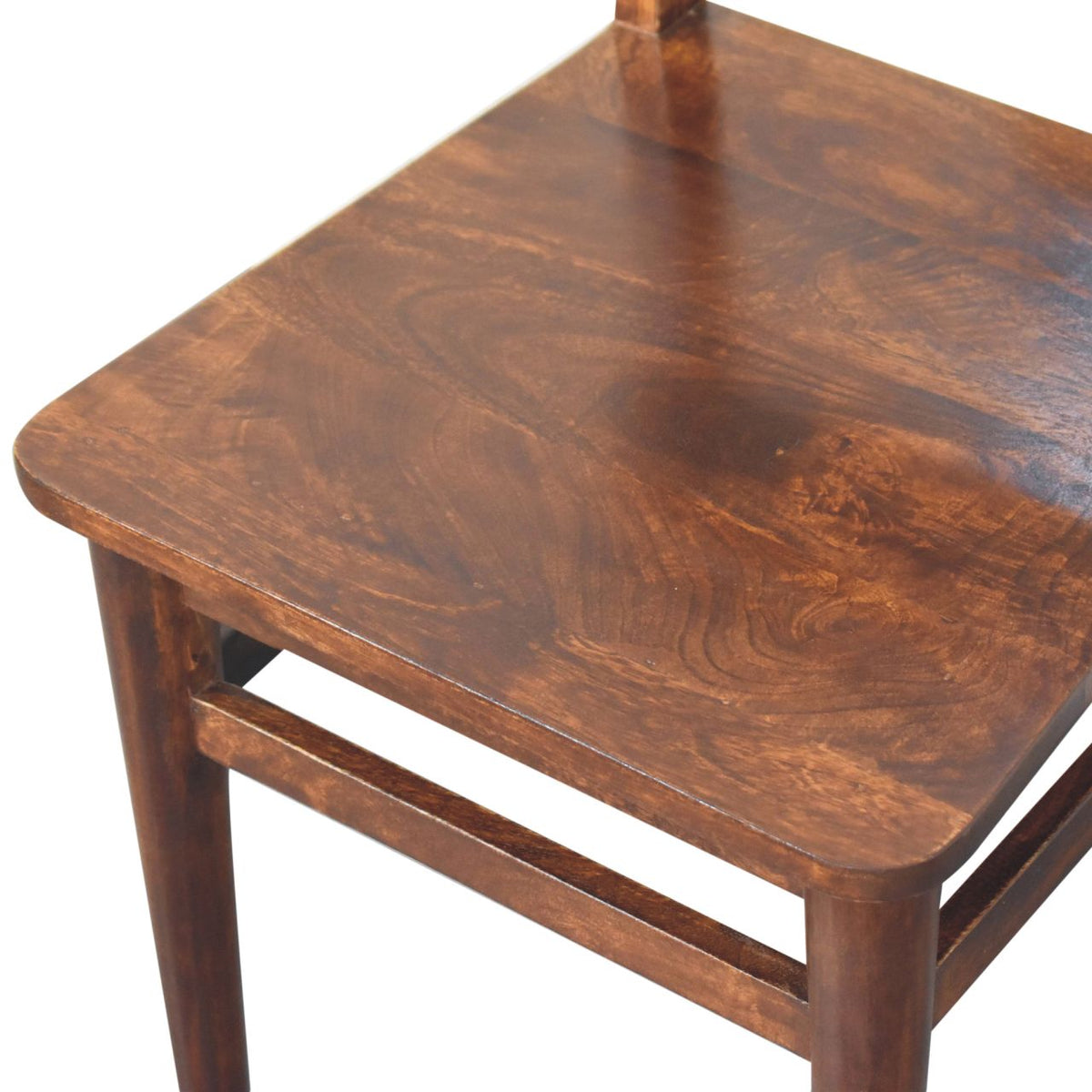 Solid mango wood dining chair with chestnut finish, seat detail
