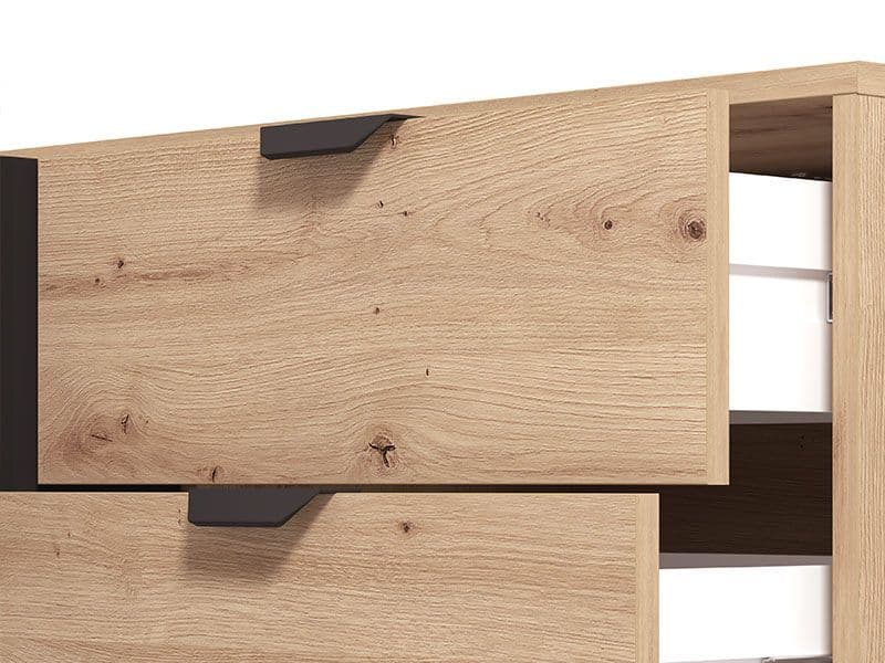 Drawer front detail with metal handles, close up