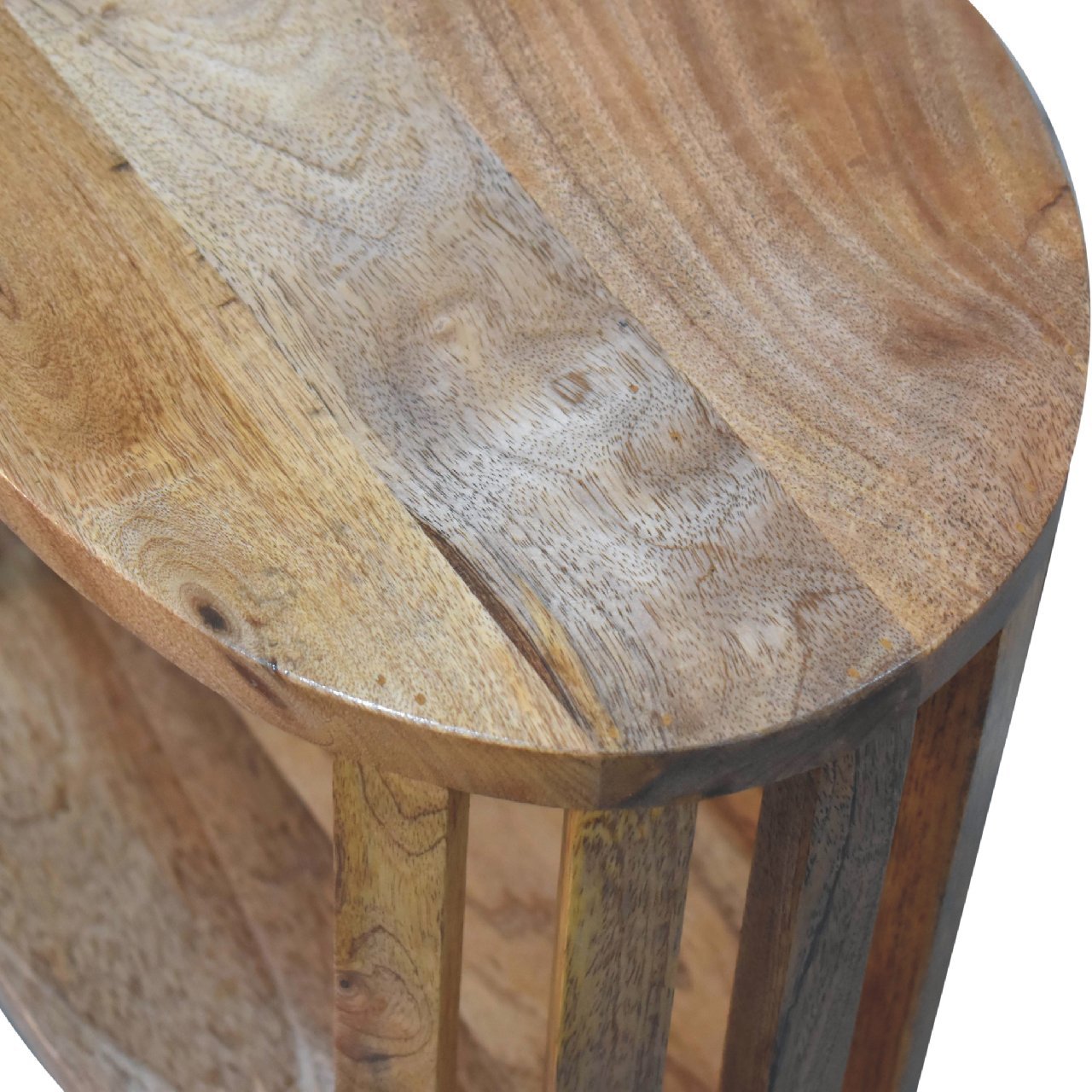 Japanese style slatted wooden bedside table, wooden top detail view