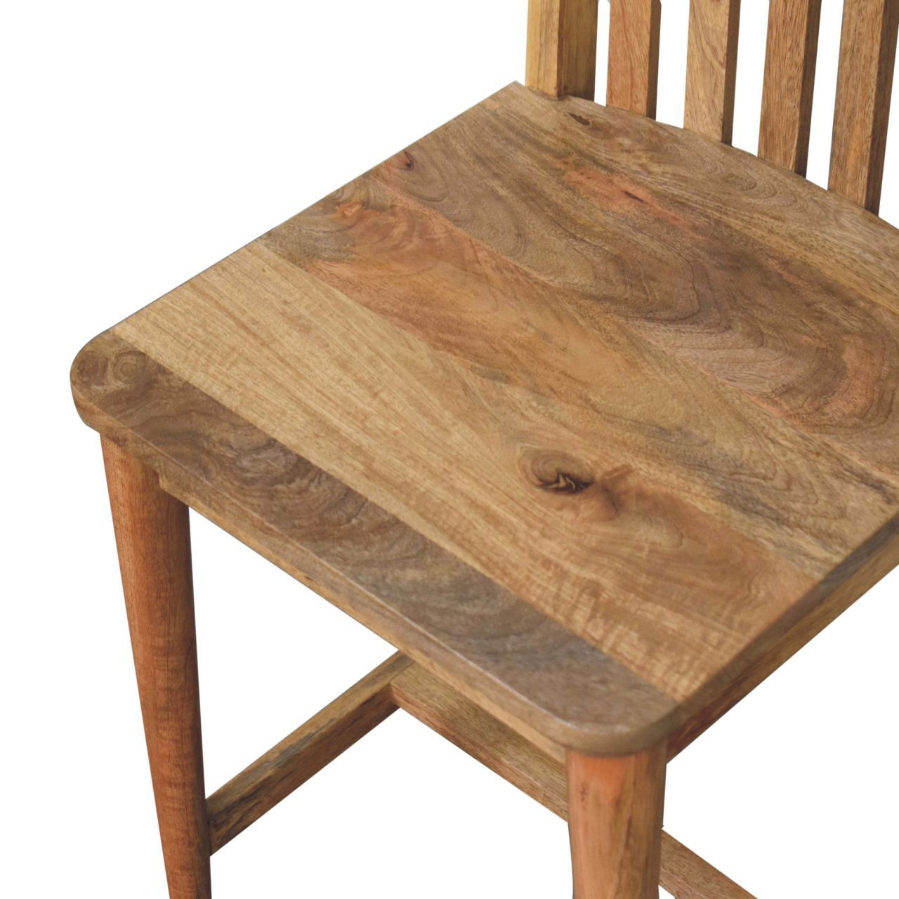 Wooden dining chair seat with natural grain, close up