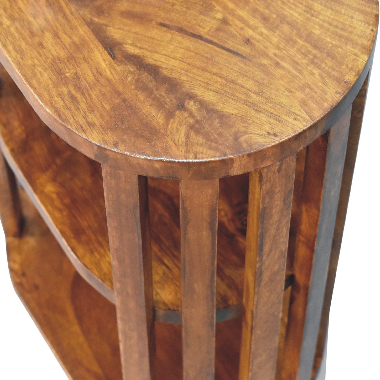 Japanese style double wooden slatted bedside table, top detail view