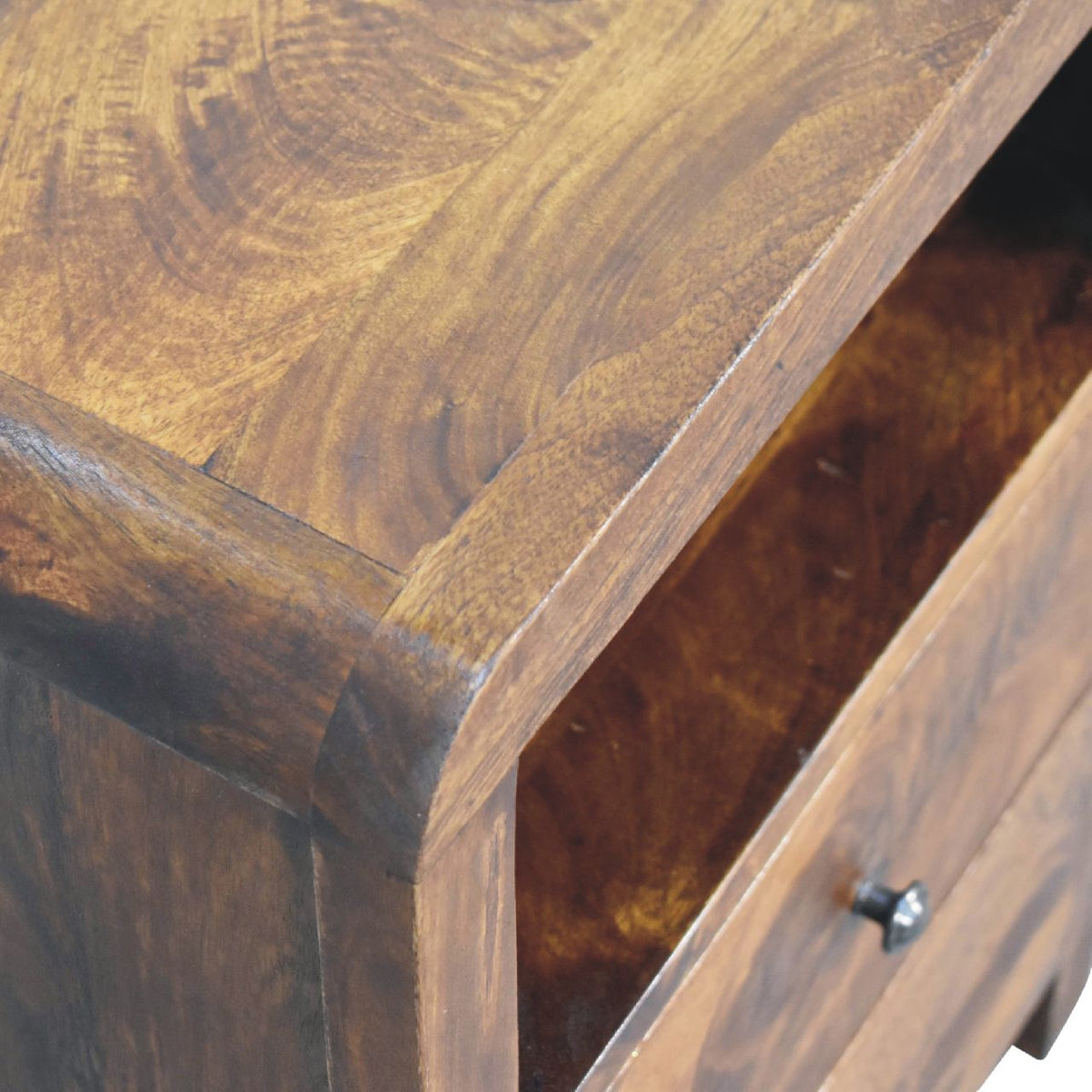 Two drawer wooden bedside table in chestnut, timber detailing