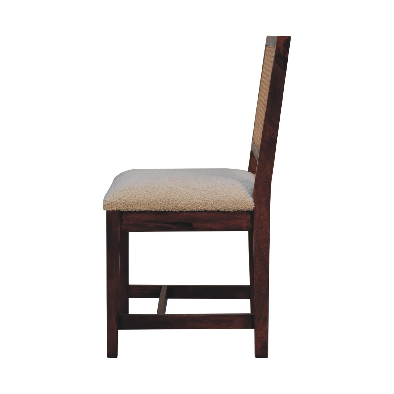 Rattan dining chair with wooden frame and upholstered seat, side view
