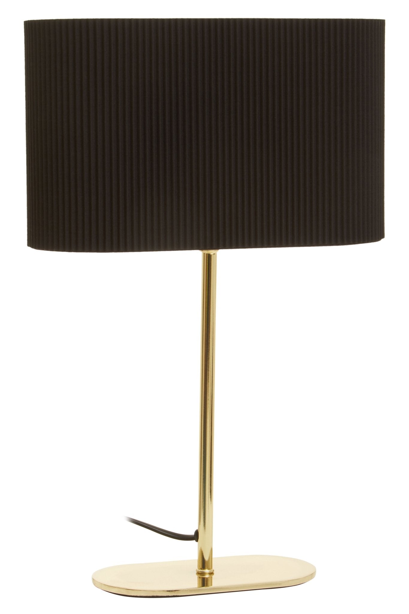 Table lamp with round brass base and pleated shade, angled view