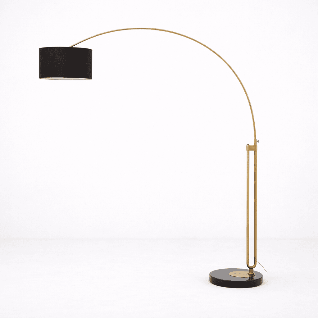 Arched floor lamp with brass frame and black shade