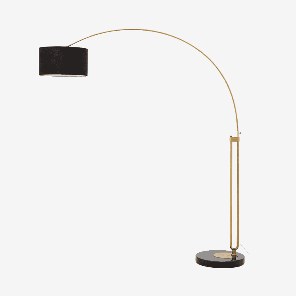 Arched floor lamp with brass frame and black shade