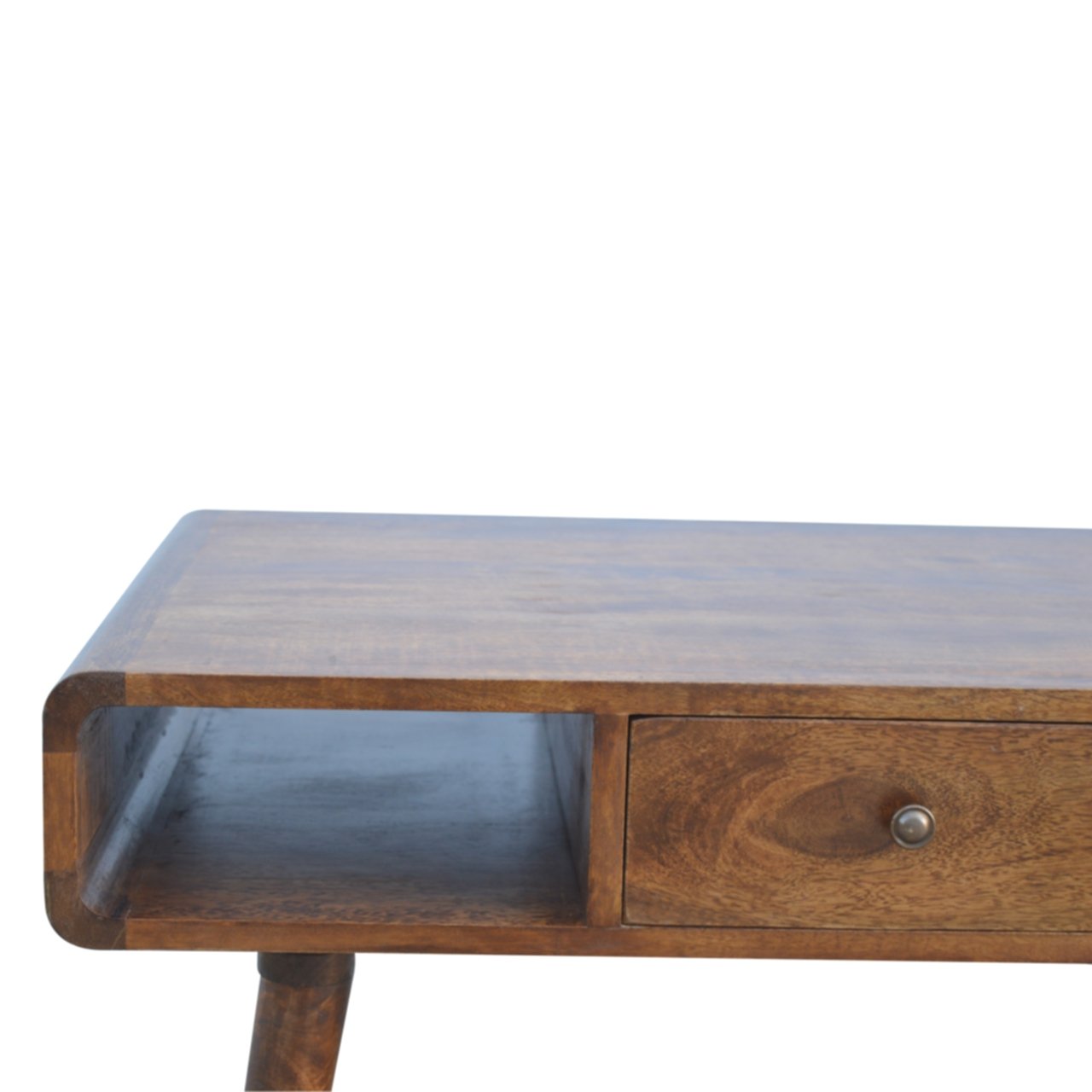 Classic wooden coffee table with clean lines, close up view