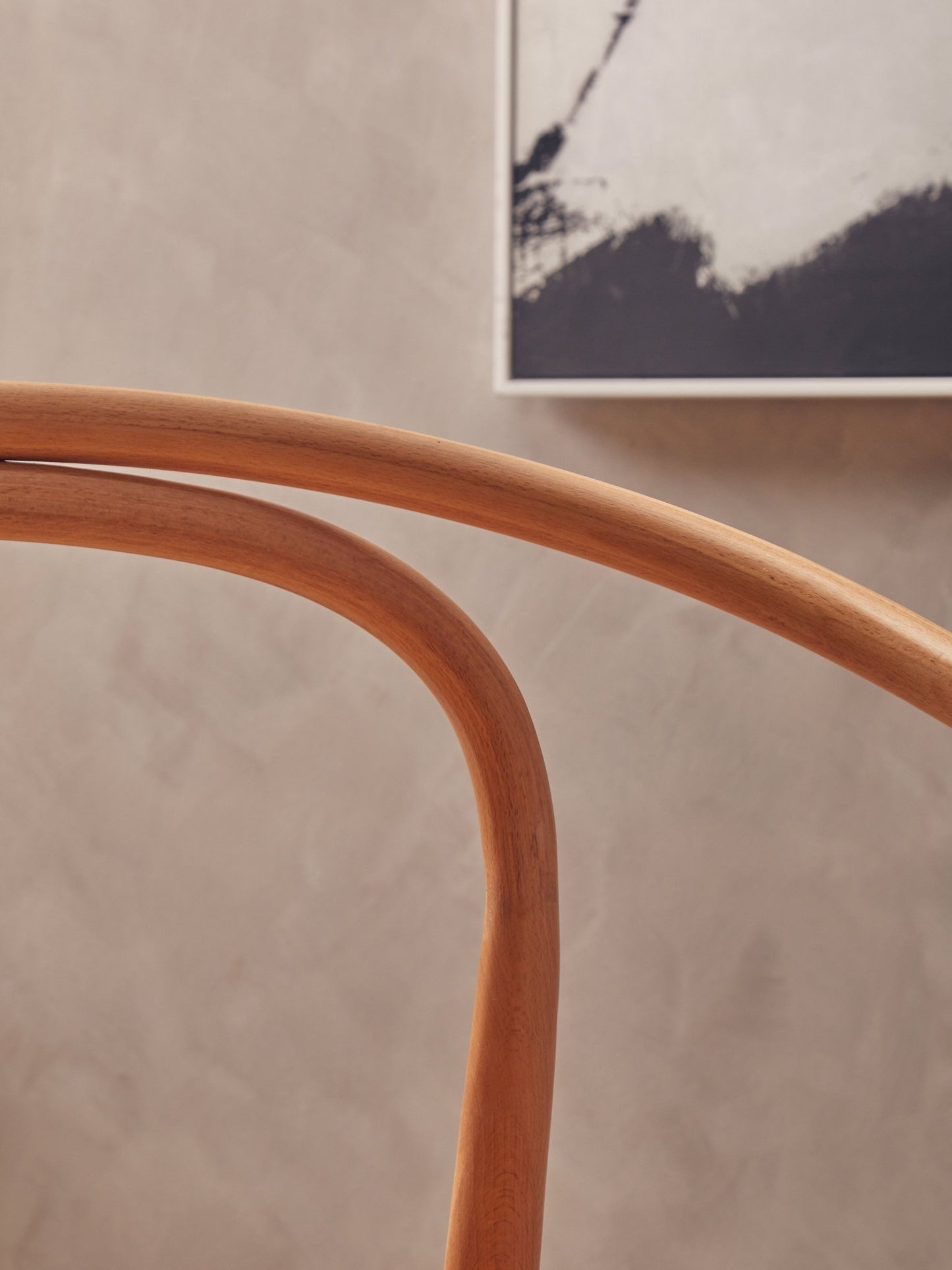 Bentwood beech wood dining chair with circular support frame, detail