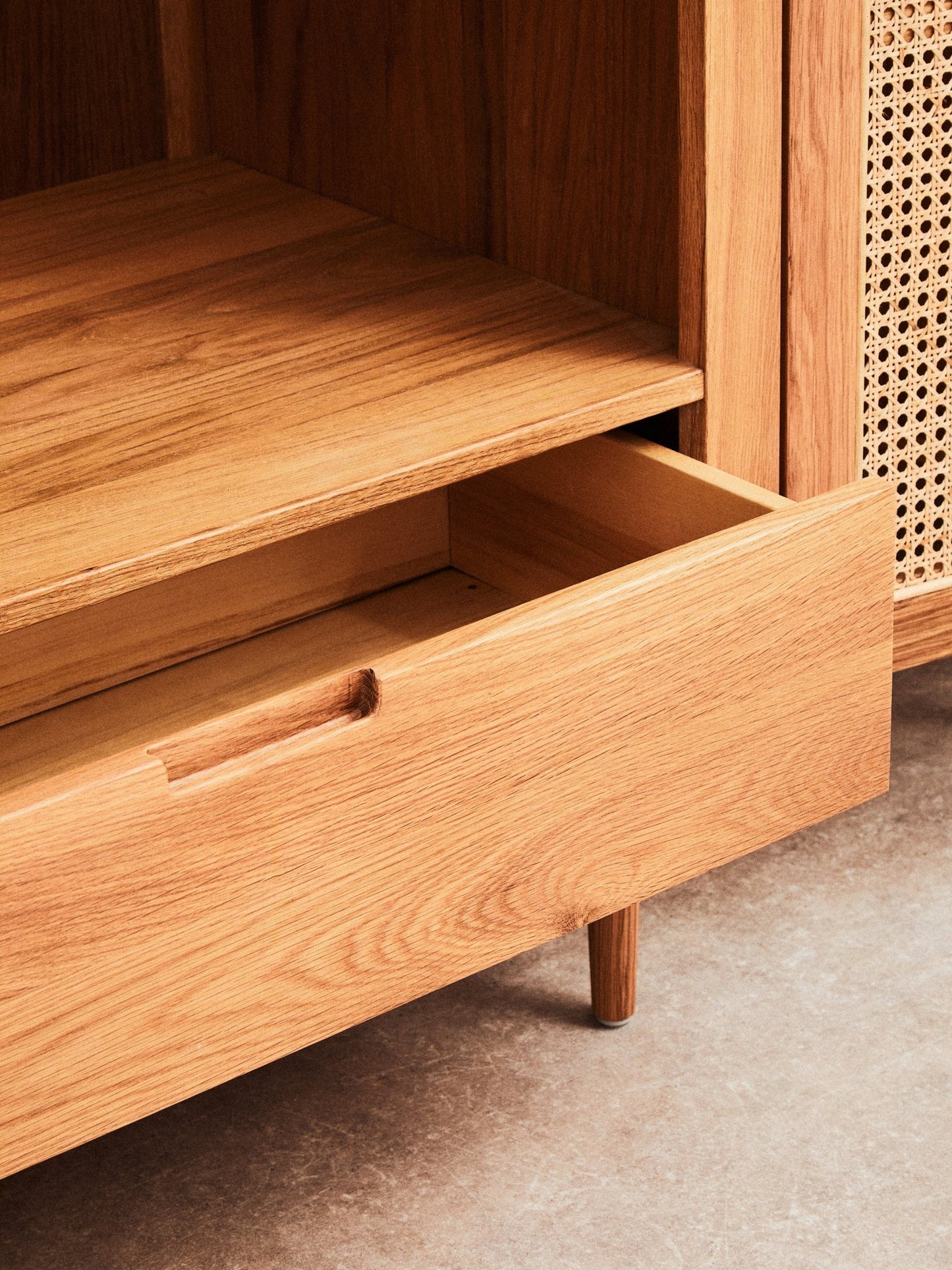 Drawer detail with natural finish, close up