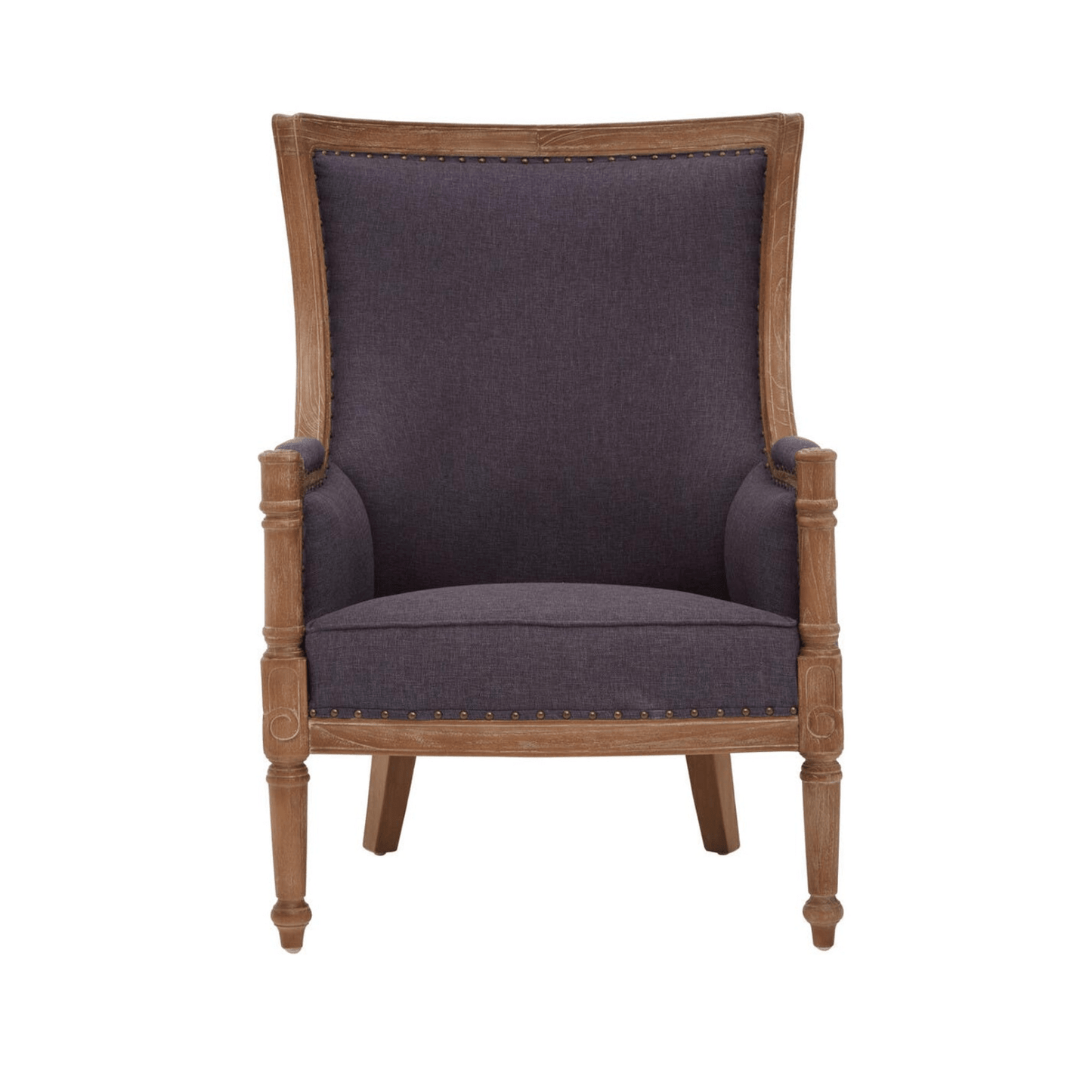 Classic armchair with high backrest and graphite fabric upholstery, front view