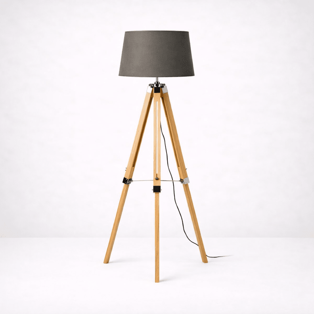 Tripod floor lamp with wooden legs and dark fabric shade