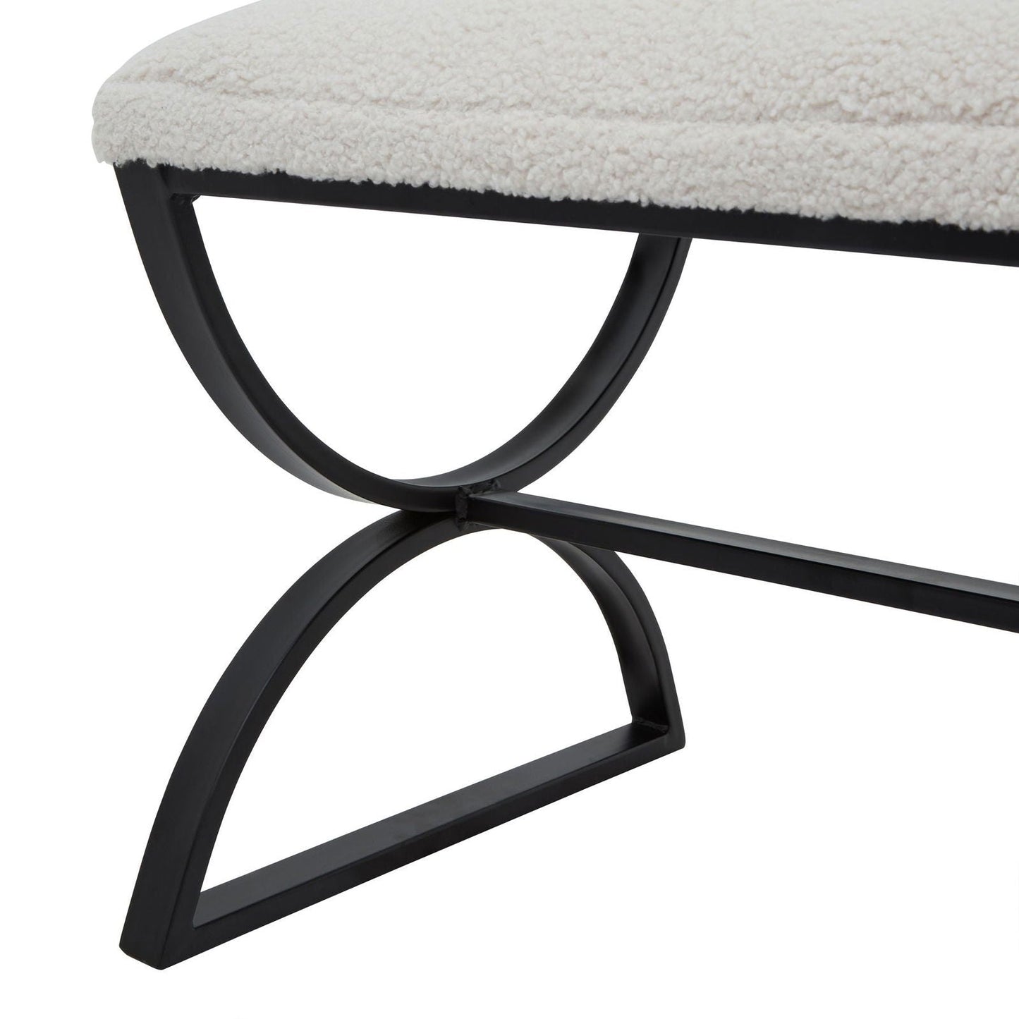 Fabric footstool with curved metal base, front view