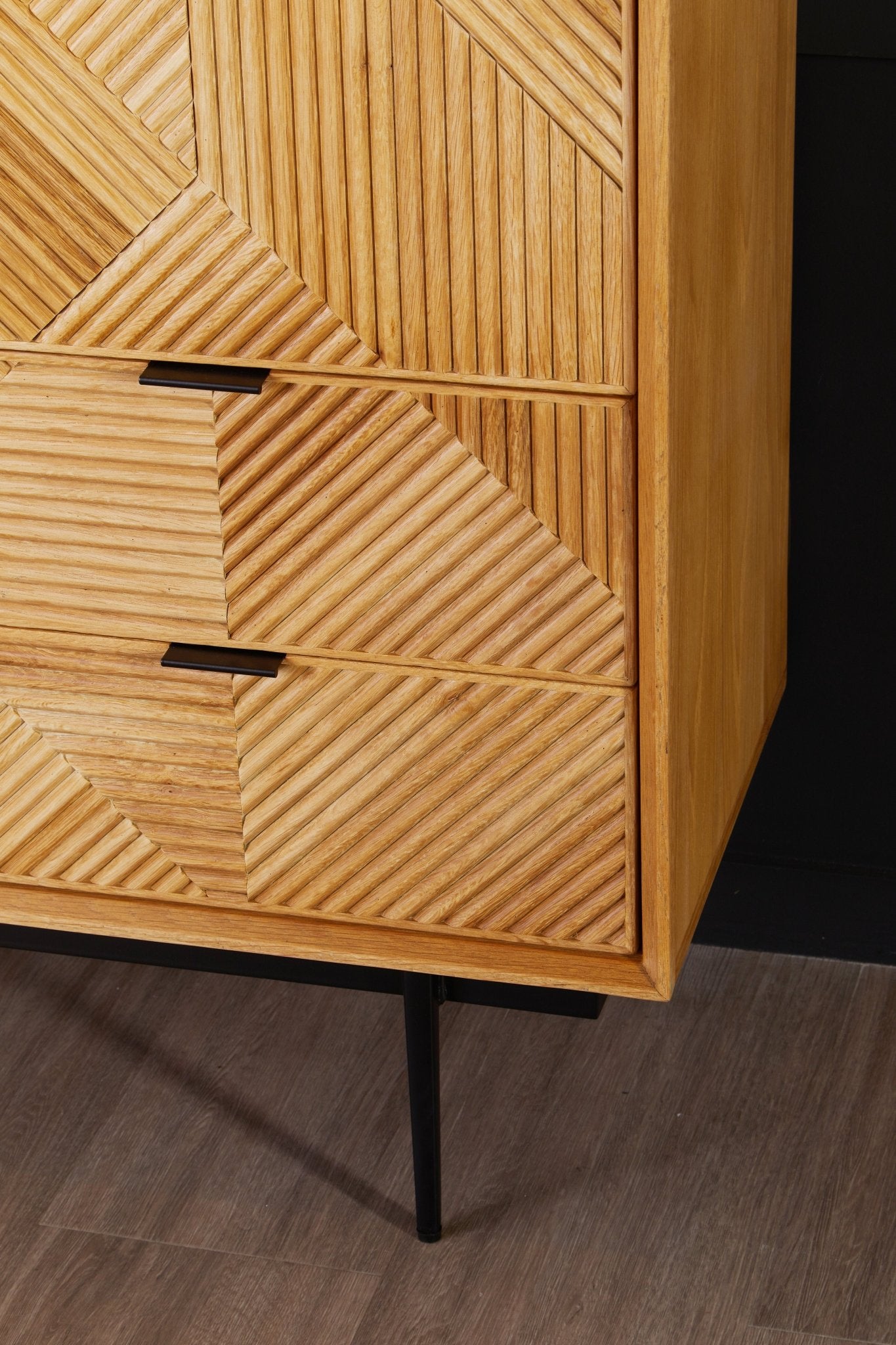 Cabinet styled in a contemporary interior setting, drawer close up