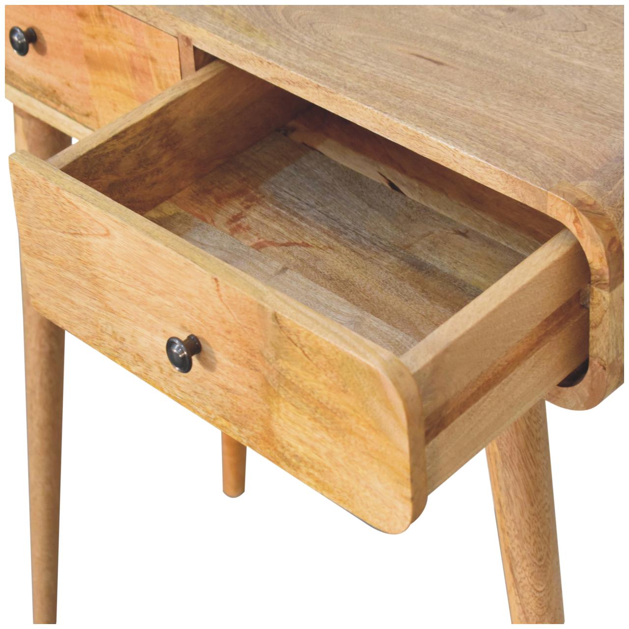 Two drawer console unit showing a close up of one open drawer