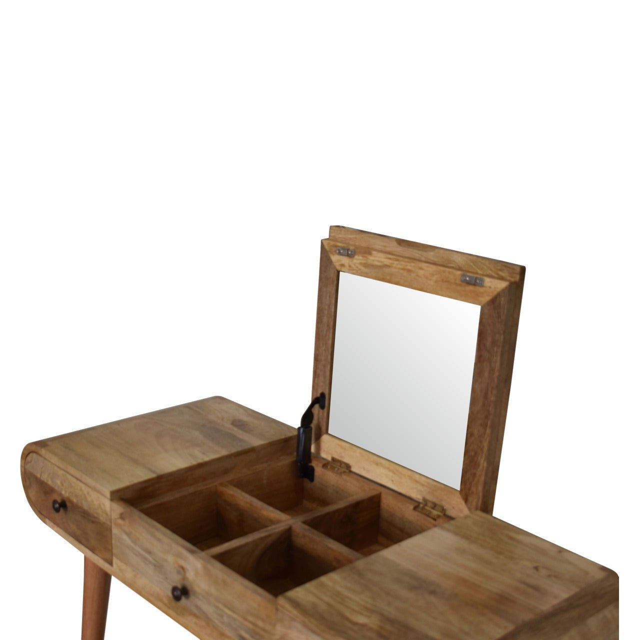 Drawer front detail showing storage and open mirror unit, close up view