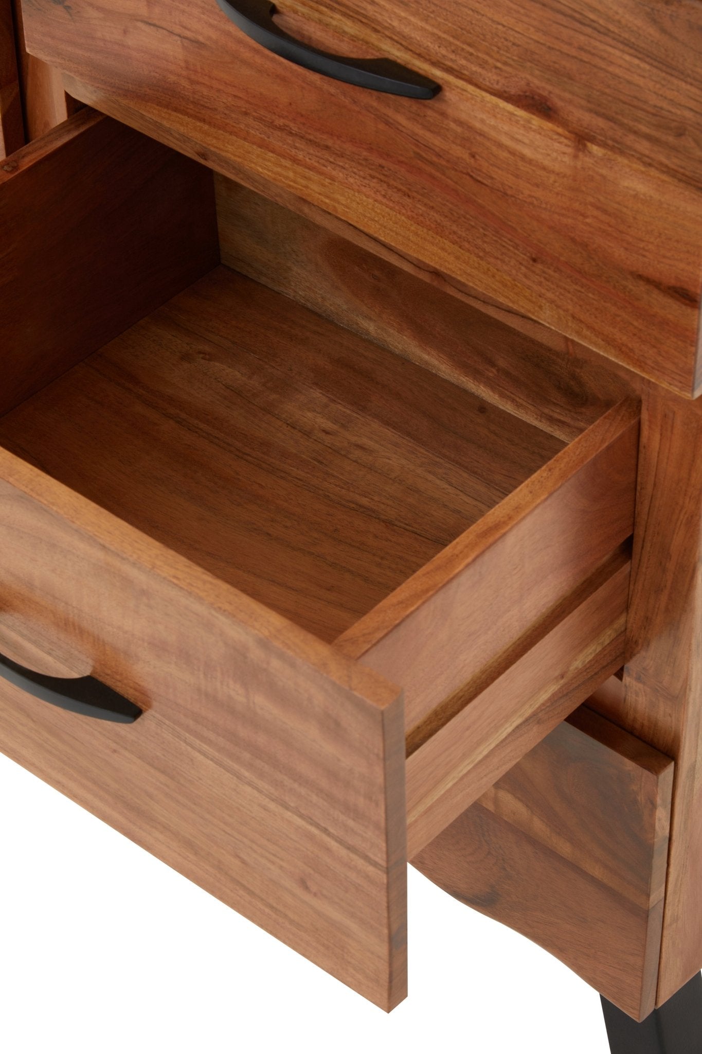 Drawer front and handle detail, close up with open drawer