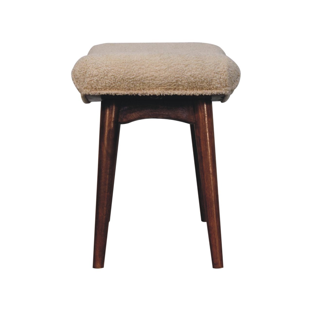 Curved bench with tapered wooden legs, side view