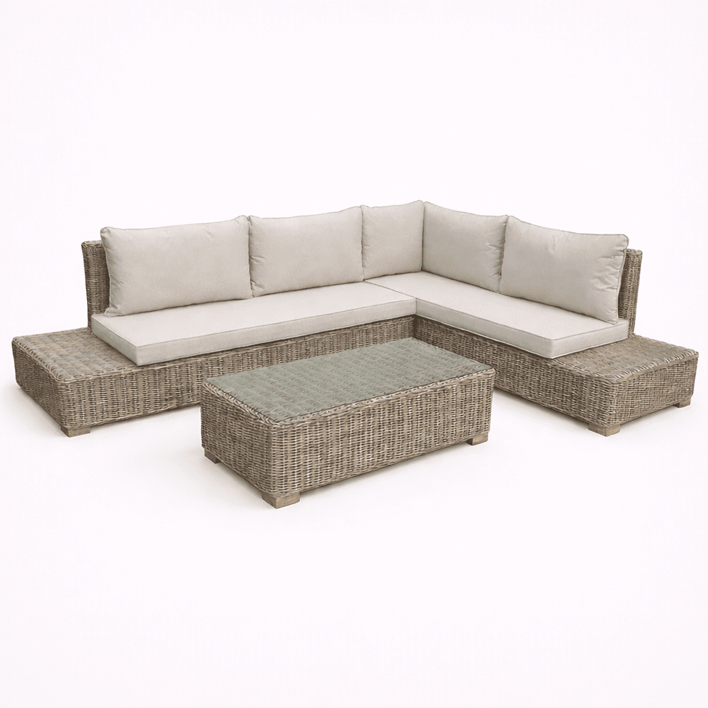 Outdoor corner sofa set with woven rattan frame and cushions