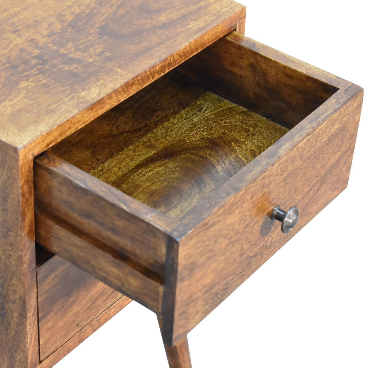 Compact four leg wooden two drawer bedside table in a chestnut finish, open drawer
