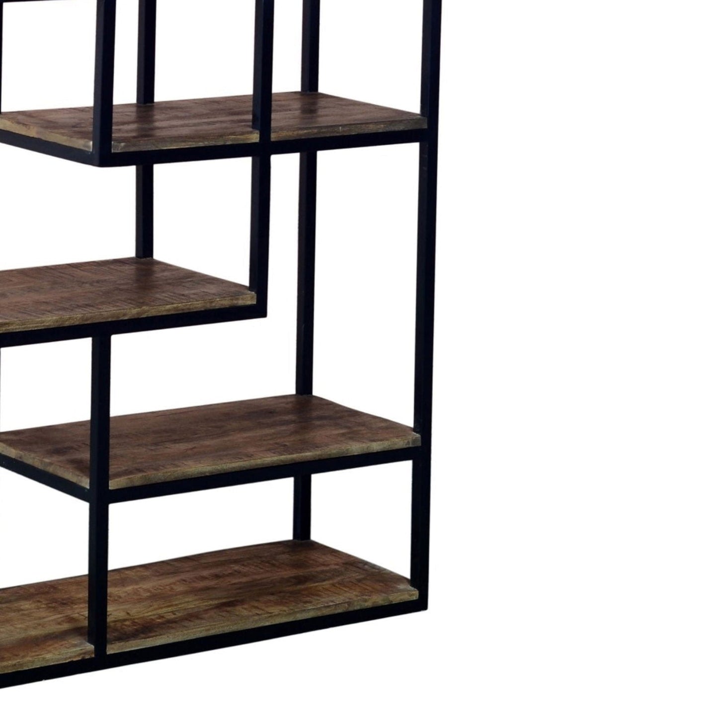 Metal frame shelving unit with mixed height shelves