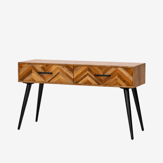 Wooden console table with geometric drawer fronts and metal legs