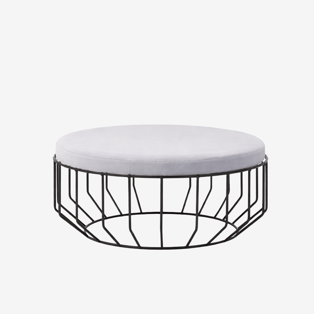 Round upholstered stool with low wire frame base