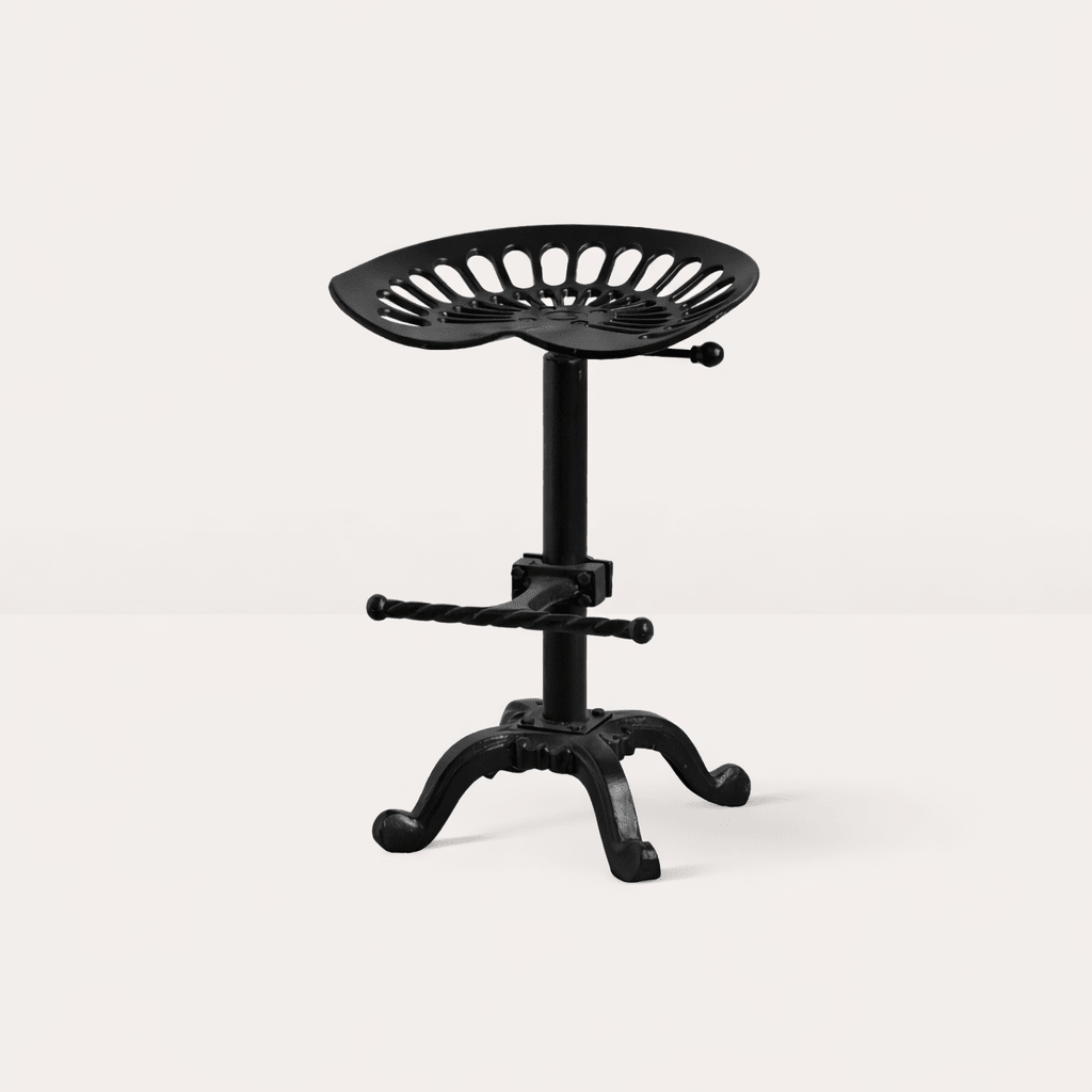 Industrial stool with tractor-style metal seat and adjustable base