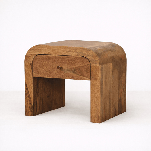 Curved wooden oak bedside table with single drawer and open base