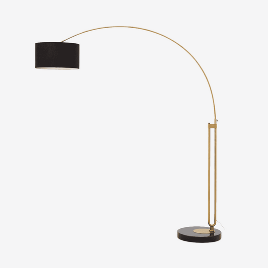 Arched floor lamp with brass frame and black shade