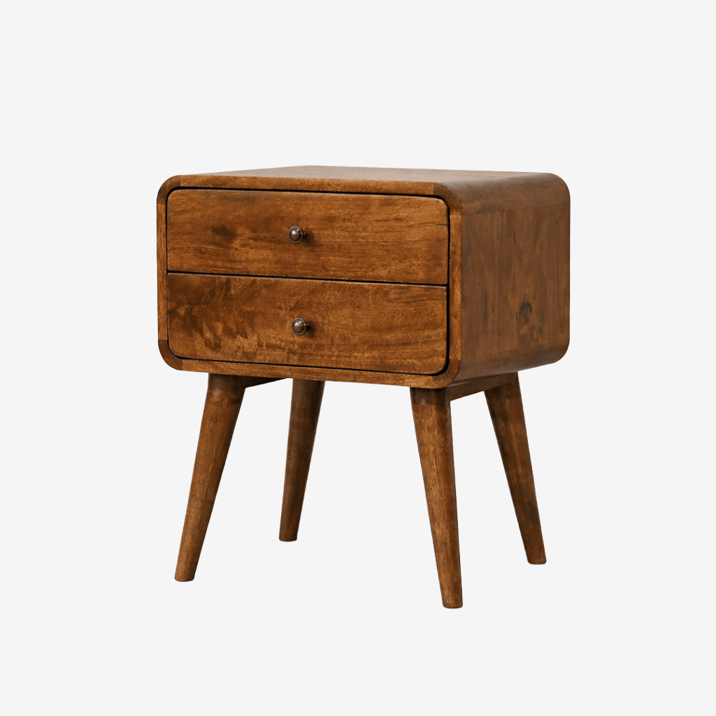 Wooden nightstand with two drawers in a chestnut finish