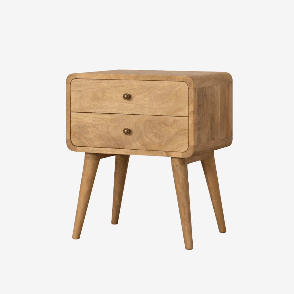 Wooden nightstand with two drawers in an oak finish
