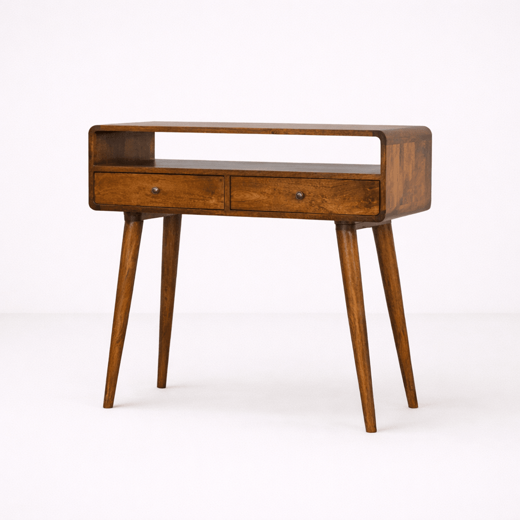 Wooden console table in chestnut with open shelf and drawer storage