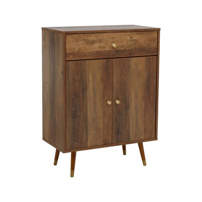 Compact wooden cabinet with drawer and double door storage, angled side view