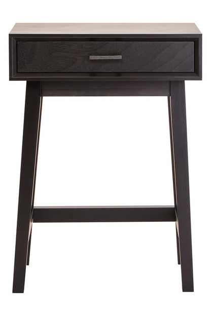Single drawer bedside table with pine wood frame in black, front view