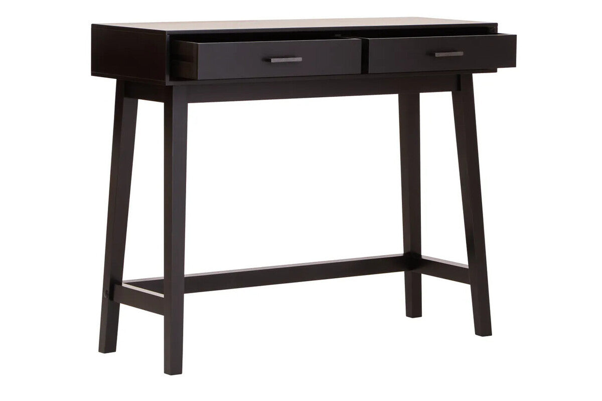 Wooden console table in black with two drawers front view with open drawers