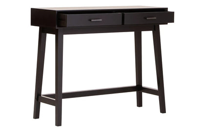 Wooden console table in black with two drawers front view with open drawers