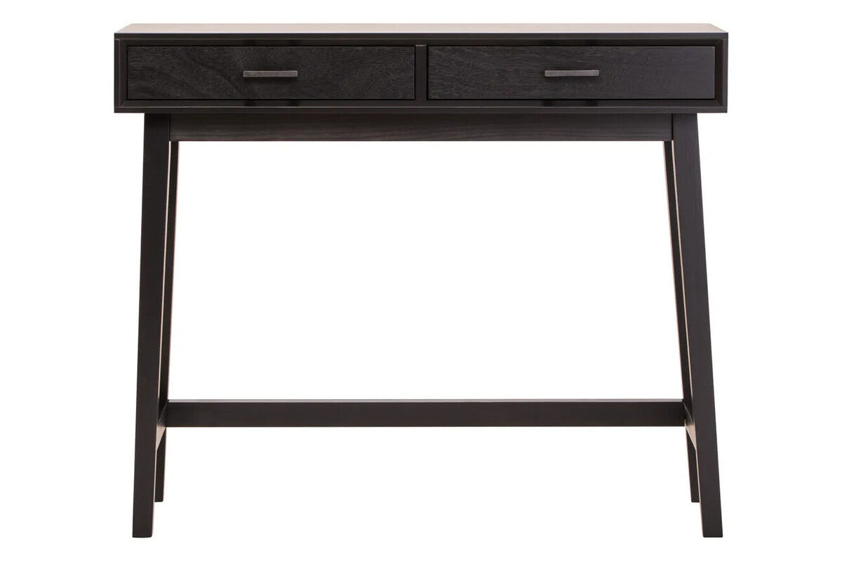 Wooden console table in black with two drawers front view
