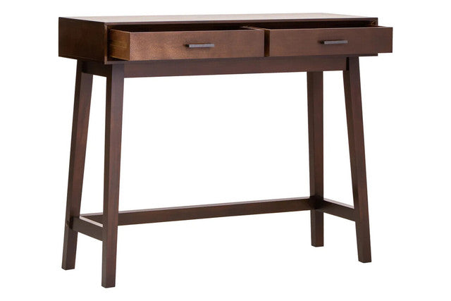 Wooden console table with two drawers front view with open drawers