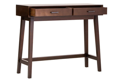 Wooden console table with two drawers front view with open drawers