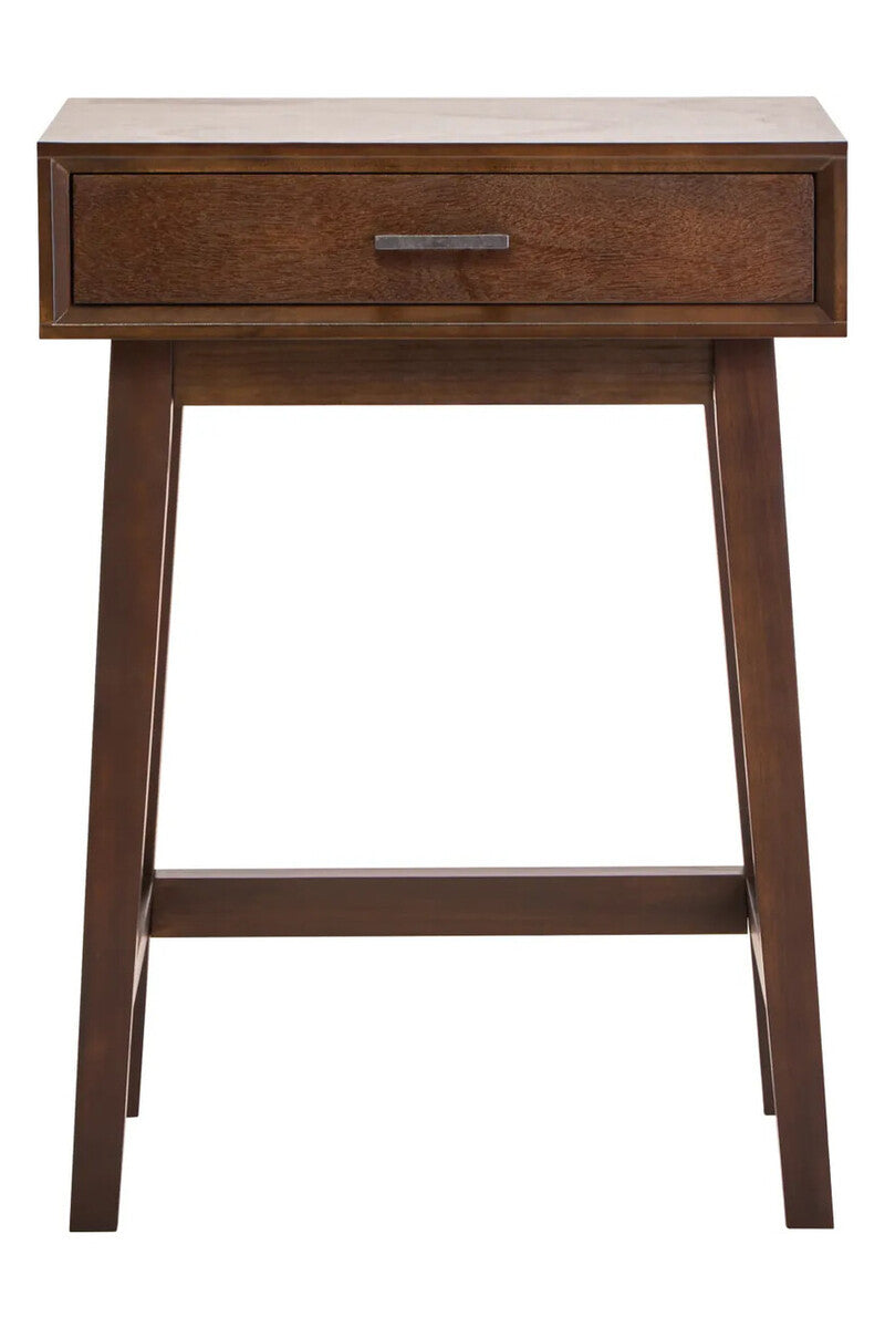 Single drawer bedside table with pine wood frame in walnut, front view
