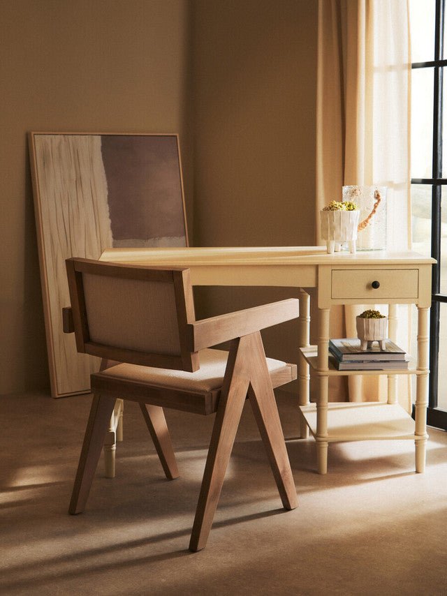 Scandinavian armchair in grey wash beech wood with ivory fabric upholstery, rear view