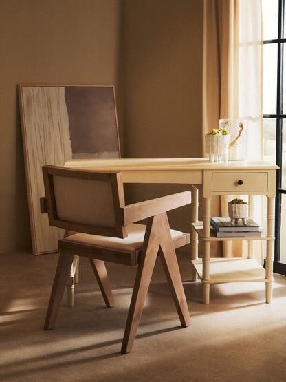Scandinavian armchair in grey wash beech wood with ivory fabric upholstery, rear view
