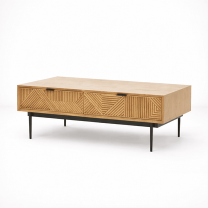 Rectangular coffee table with geometric wood pattern and metal legs