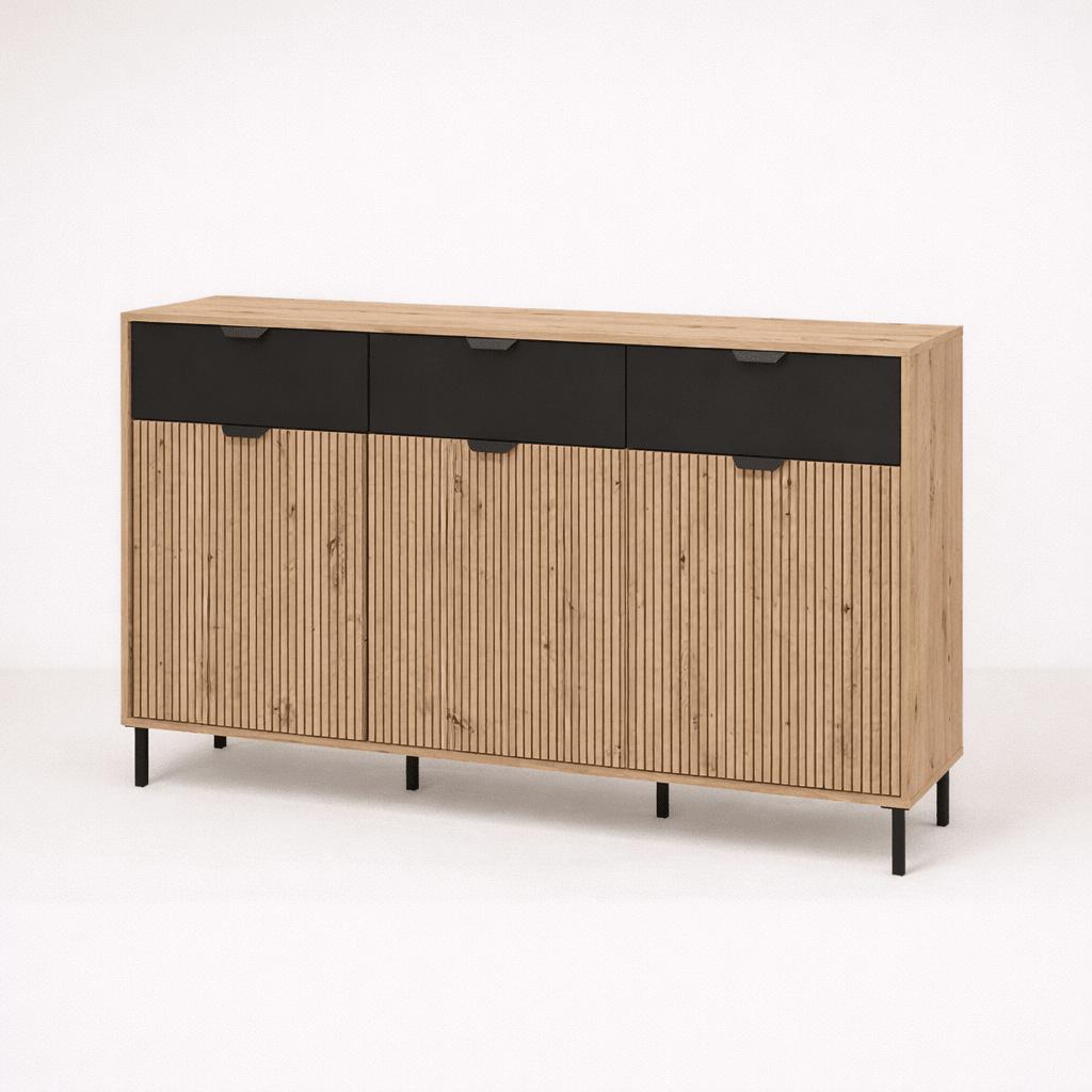 Three door sideboard with ribbed wood panels and black top drawers