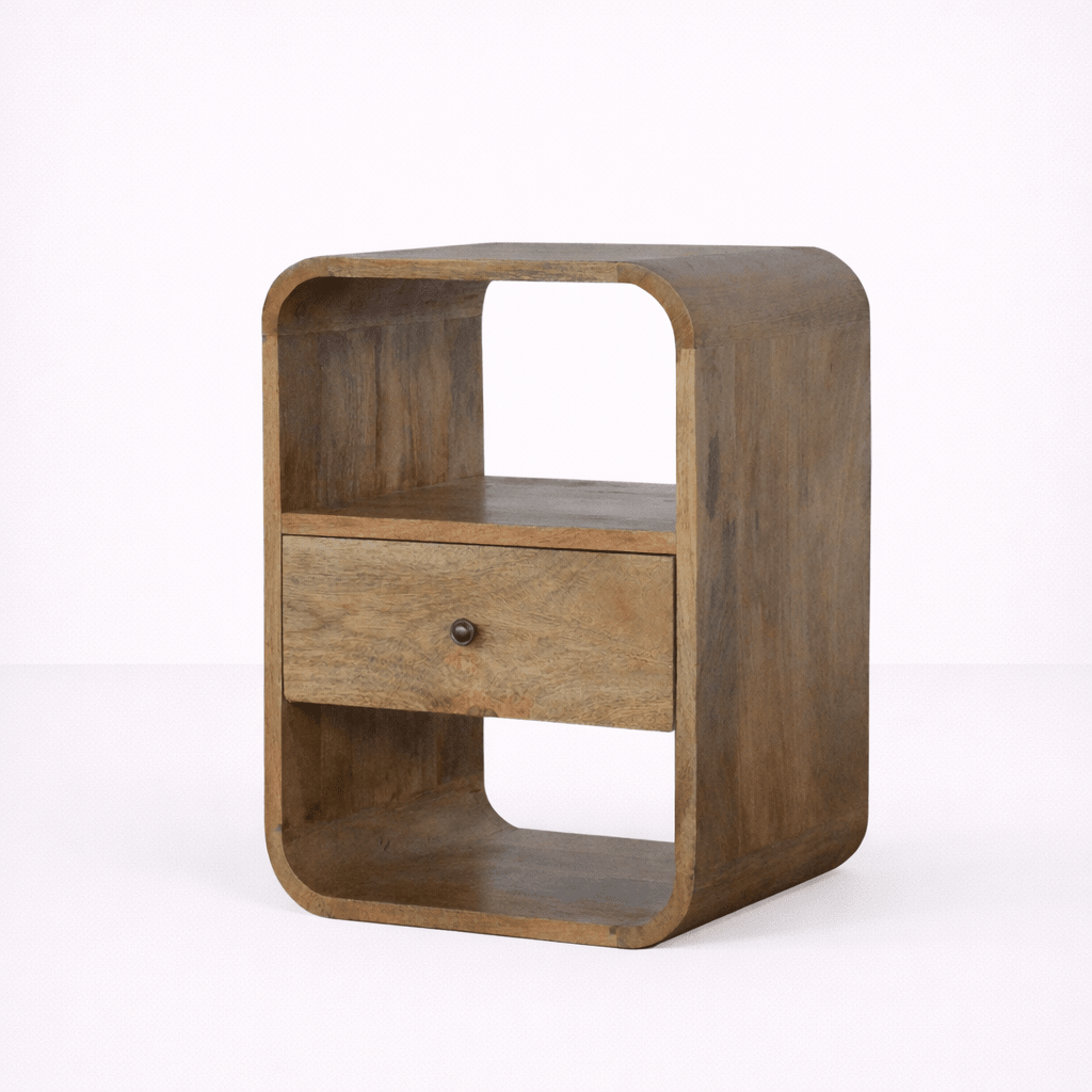 Open frame bedside table with wooden construction and drawer