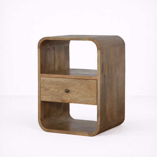 Open frame bedside table with wooden construction and drawer