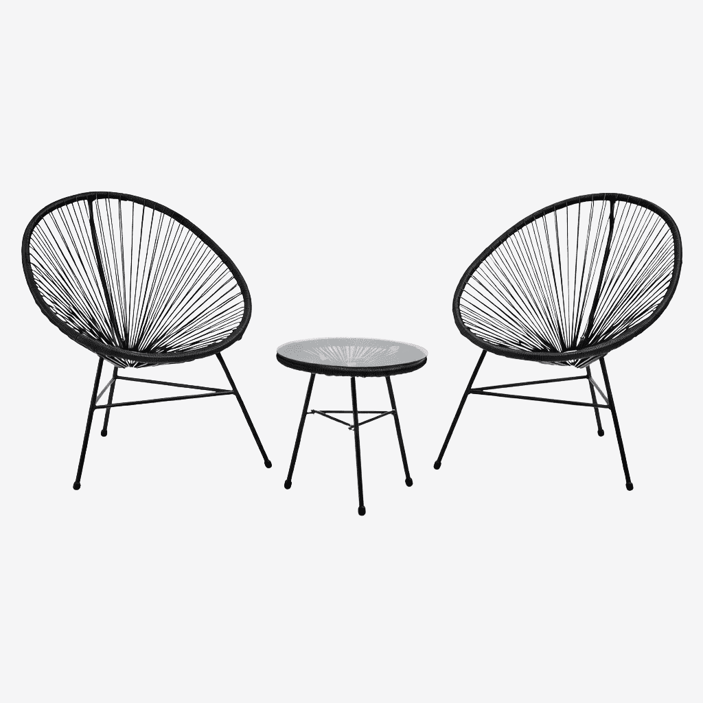 Outdoor lounge chair set with woven rattan design and table in black