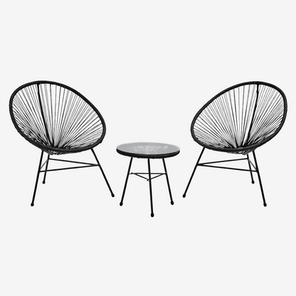 Outdoor lounge chair set with woven rattan design and table in black
