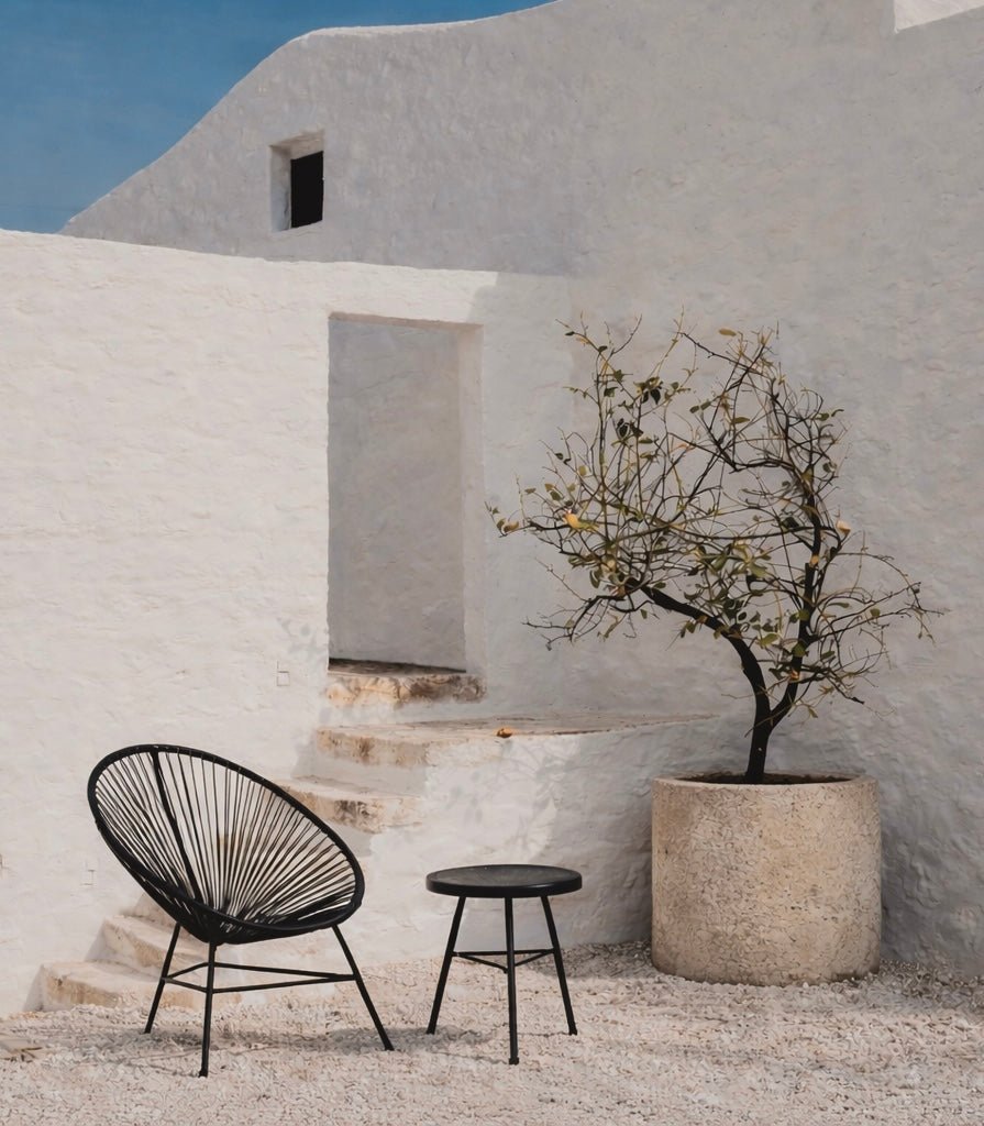 Outdoor set styled in a modern Mediterranean setting