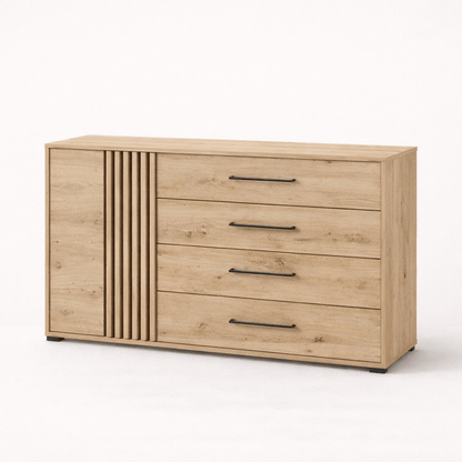 Wooden sideboard with four drawers and slatted cabinet detail
